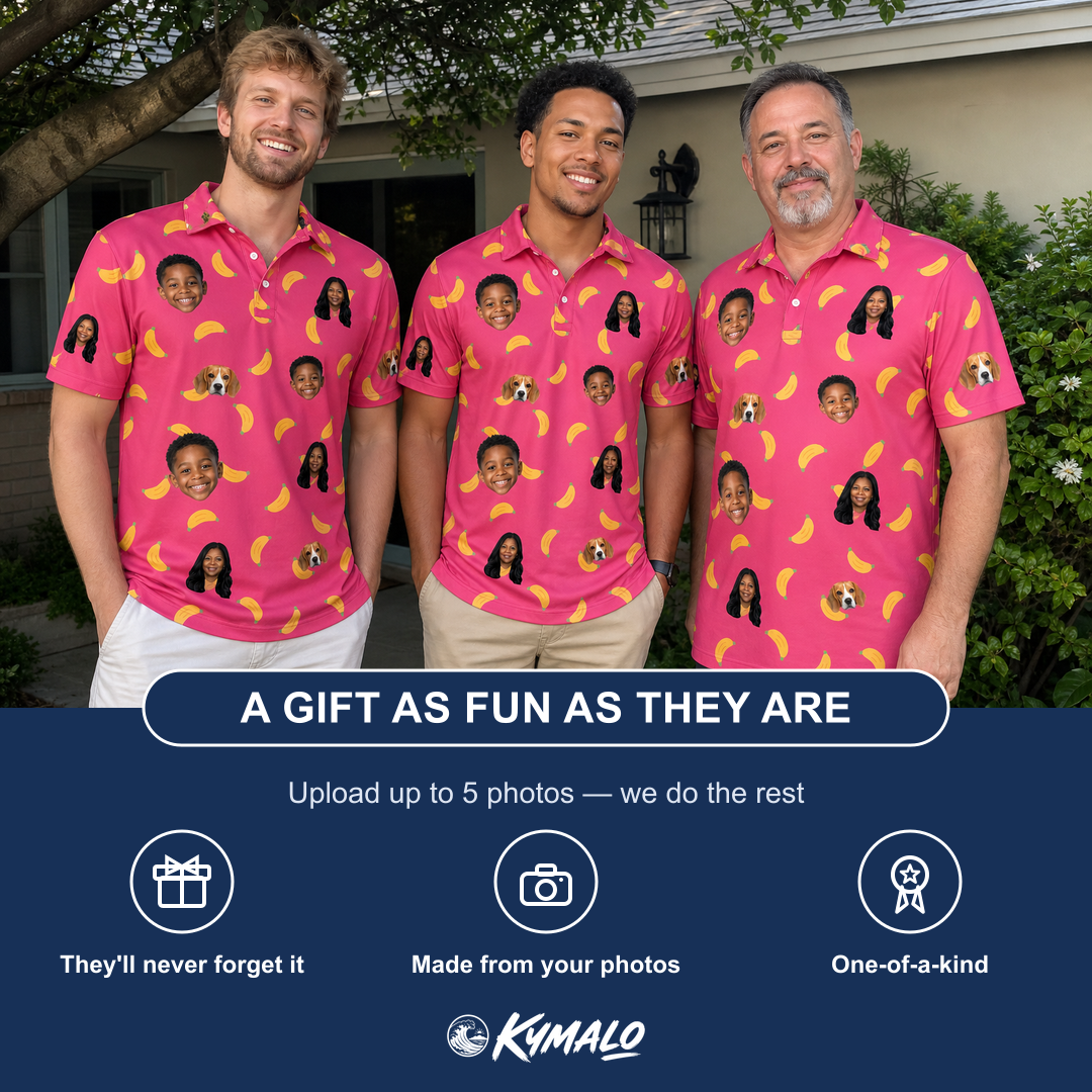 Friends in matching Men's Banana Bonanza Custom Face Polo Shirt — a group gift photo
