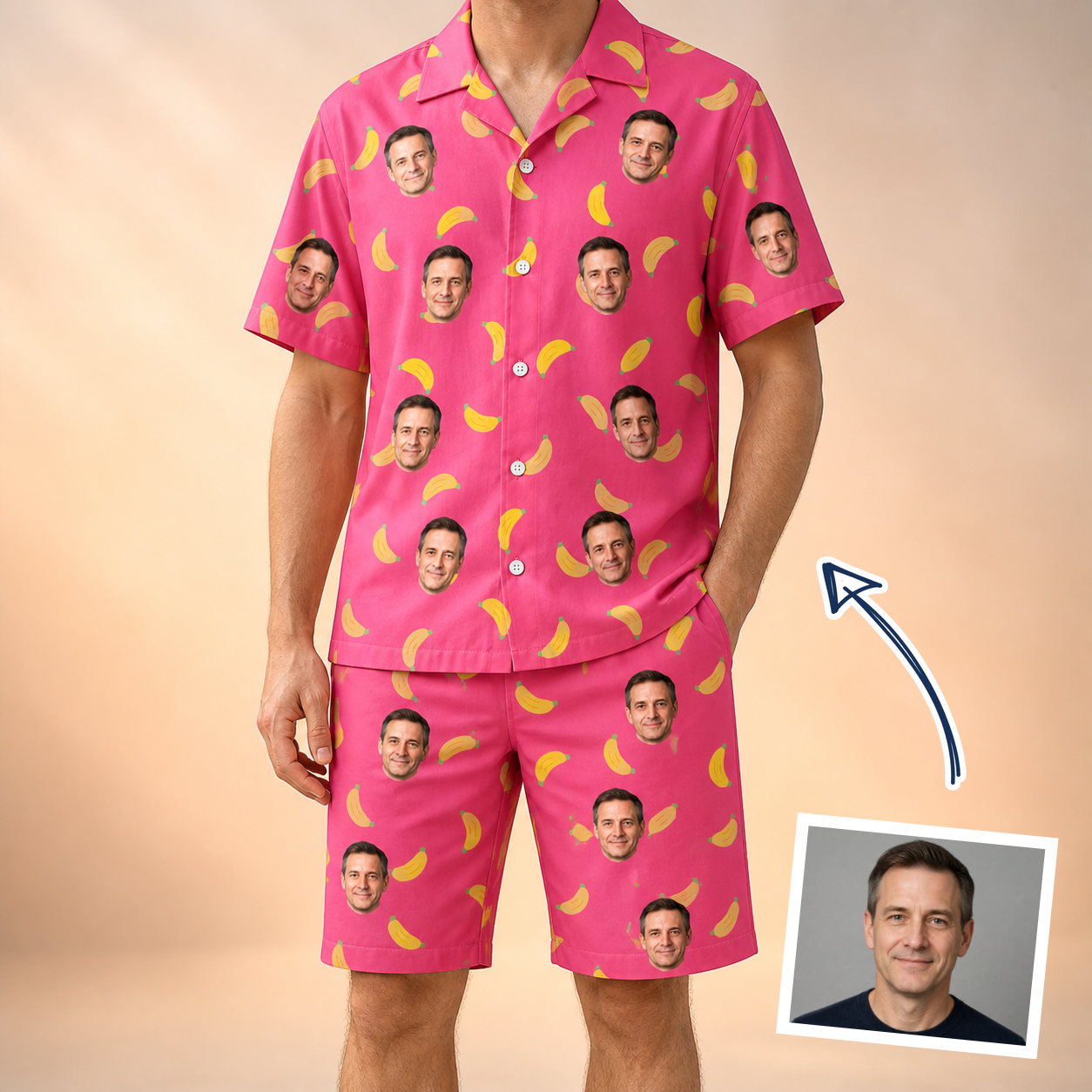 Man wearing Men's Banana Bonanza Custom Face Shirt & Shorts Set — custom faces printed all-over