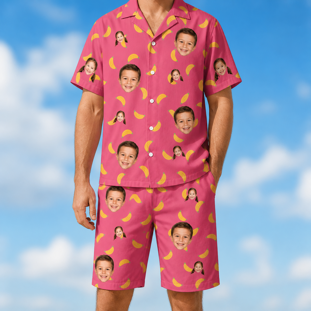 Model wearing Men's Banana Bonanza Custom Face Shirt & Shorts Set printed with kids' faces