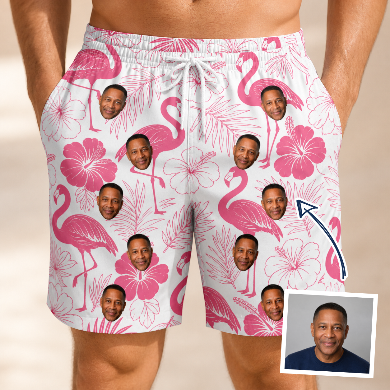 Man wearing Men's Rosy Waders Custom Face Beach Shorts — custom faces printed all-over