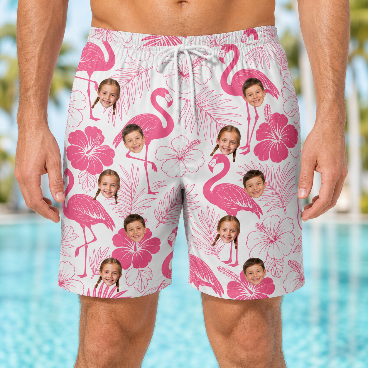 Model wearing Men's Rosy Waders Custom Face Beach Shorts printed with kids' faces