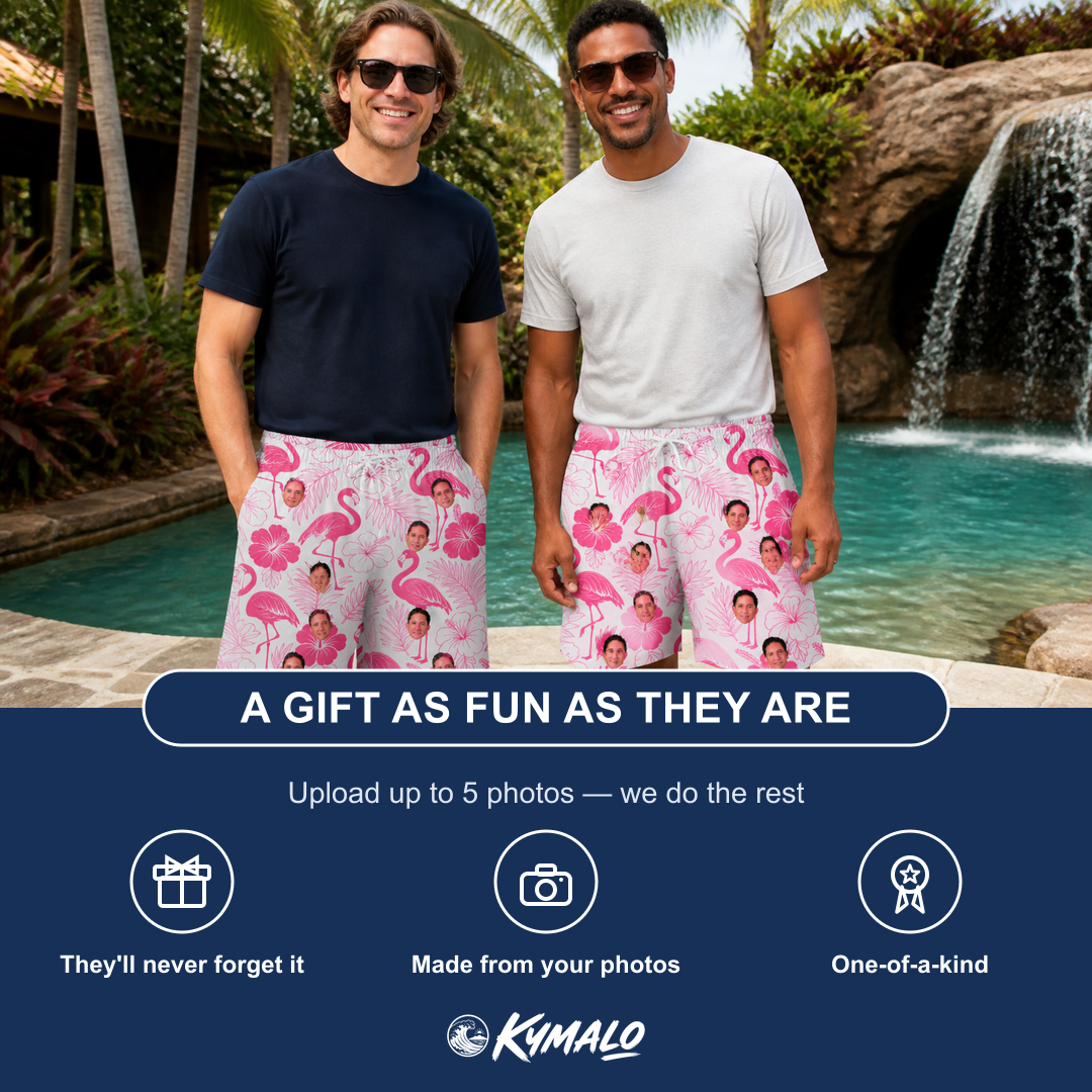 Friends in matching Men's Rosy Waders Custom Face Beach Shorts — a group gift photo