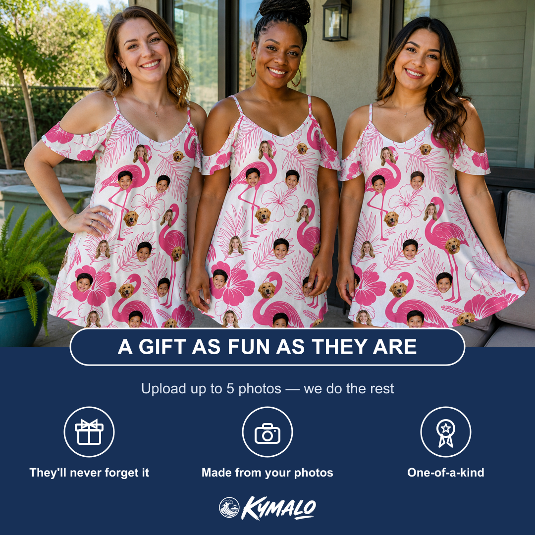Friends in matching Women's Rosy Waders Custom Face Off-Shoulder Dress — a group gift photo