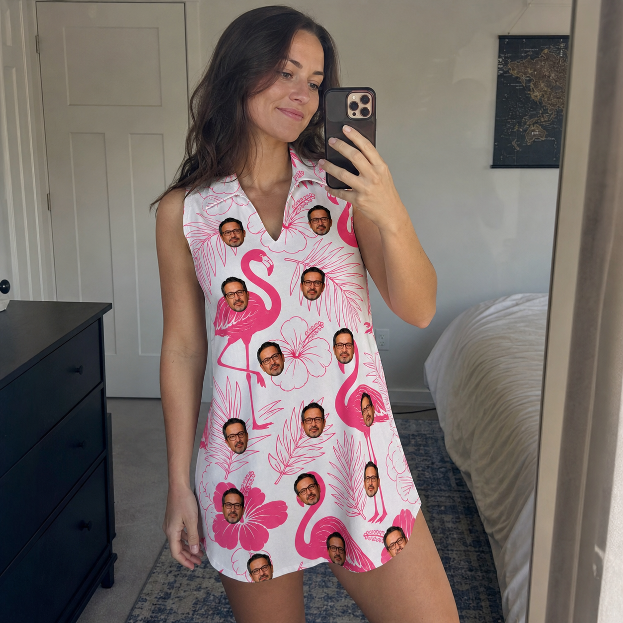 Real-life photo of someone wearing Women's Rosy Waders Custom Face V-Neck Dress — custom faces printed all-over