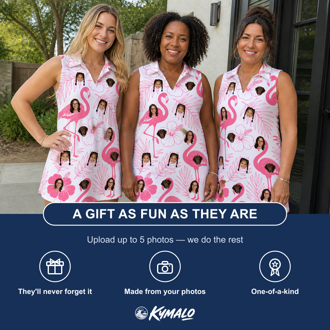 Friends in matching Women's Rosy Waders Custom Face V-Neck Dress — a group gift photo