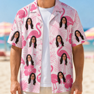 Man wearing Men's Rosy Waders Custom Face Hawaiian Shirt open over a white tee