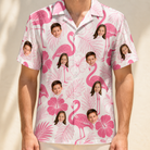 Model wearing Men's Rosy Waders Custom Face Hawaiian Shirt printed with kids' faces