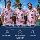 Friends in matching Men's Rosy Waders Custom Face Hawaiian Shirt — a group gift photo
