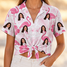 Woman wearing Women's Rosy Waders Custom Face Hawaiian Shirt tied at the waist
