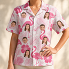 Model wearing Women's Rosy Waders Custom Face Hawaiian Shirt printed with kids' faces