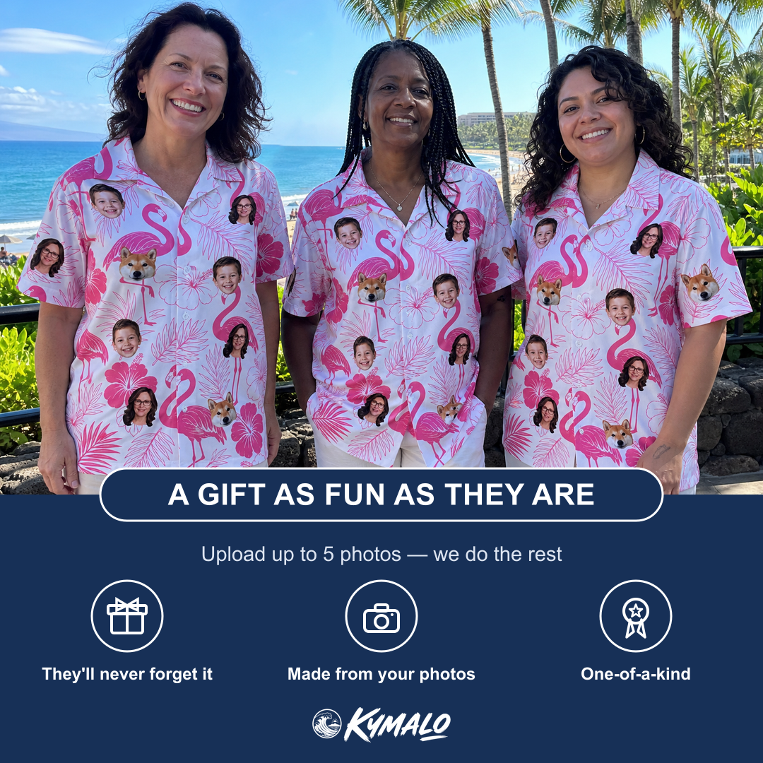 Friends in matching Women's Rosy Waders Custom Face Hawaiian Shirt — a group gift photo