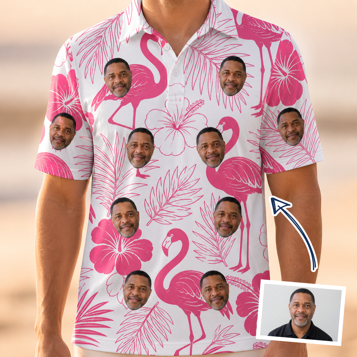 Man wearing Men's Rosy Waders Custom Face Polo Shirt — custom faces printed all-over