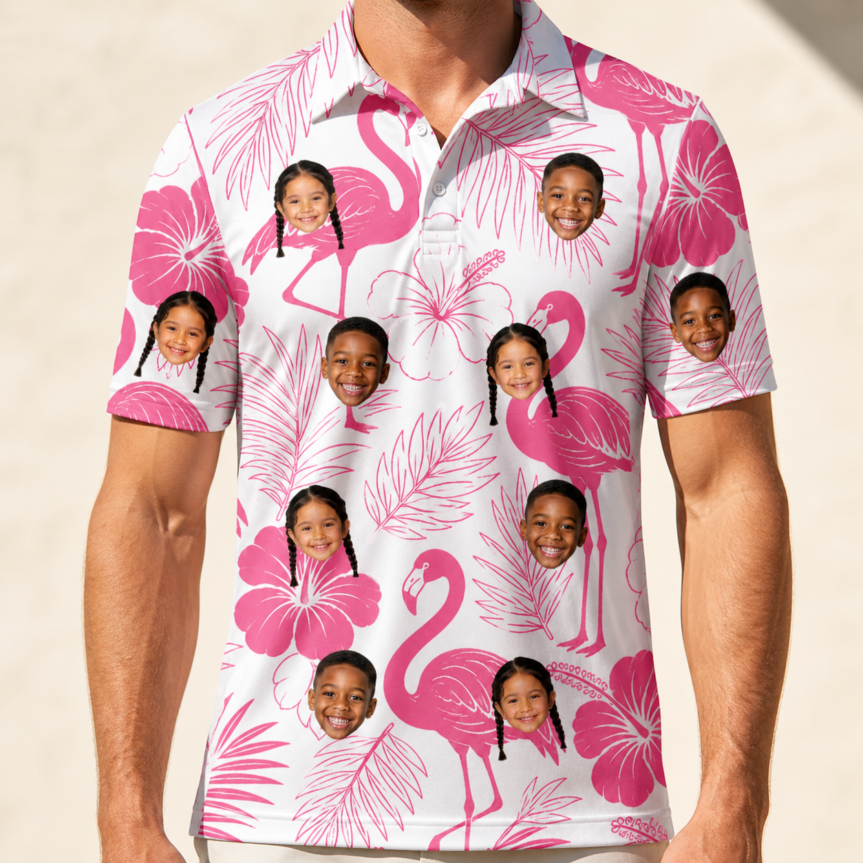 Model wearing Men's Rosy Waders Custom Face Polo Shirt printed with kids' faces