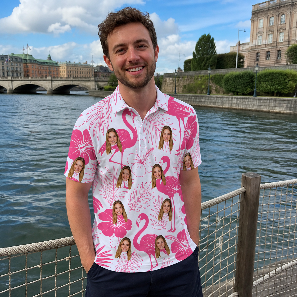 Real-life photo of someone wearing Men's Rosy Waders Custom Face Polo Shirt — custom faces printed all-over