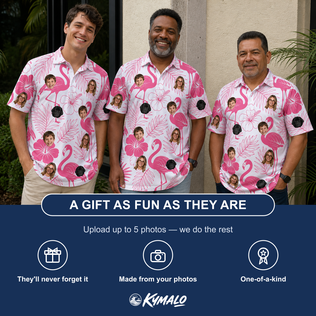 Friends in matching Men's Rosy Waders Custom Face Polo Shirt — a group gift photo