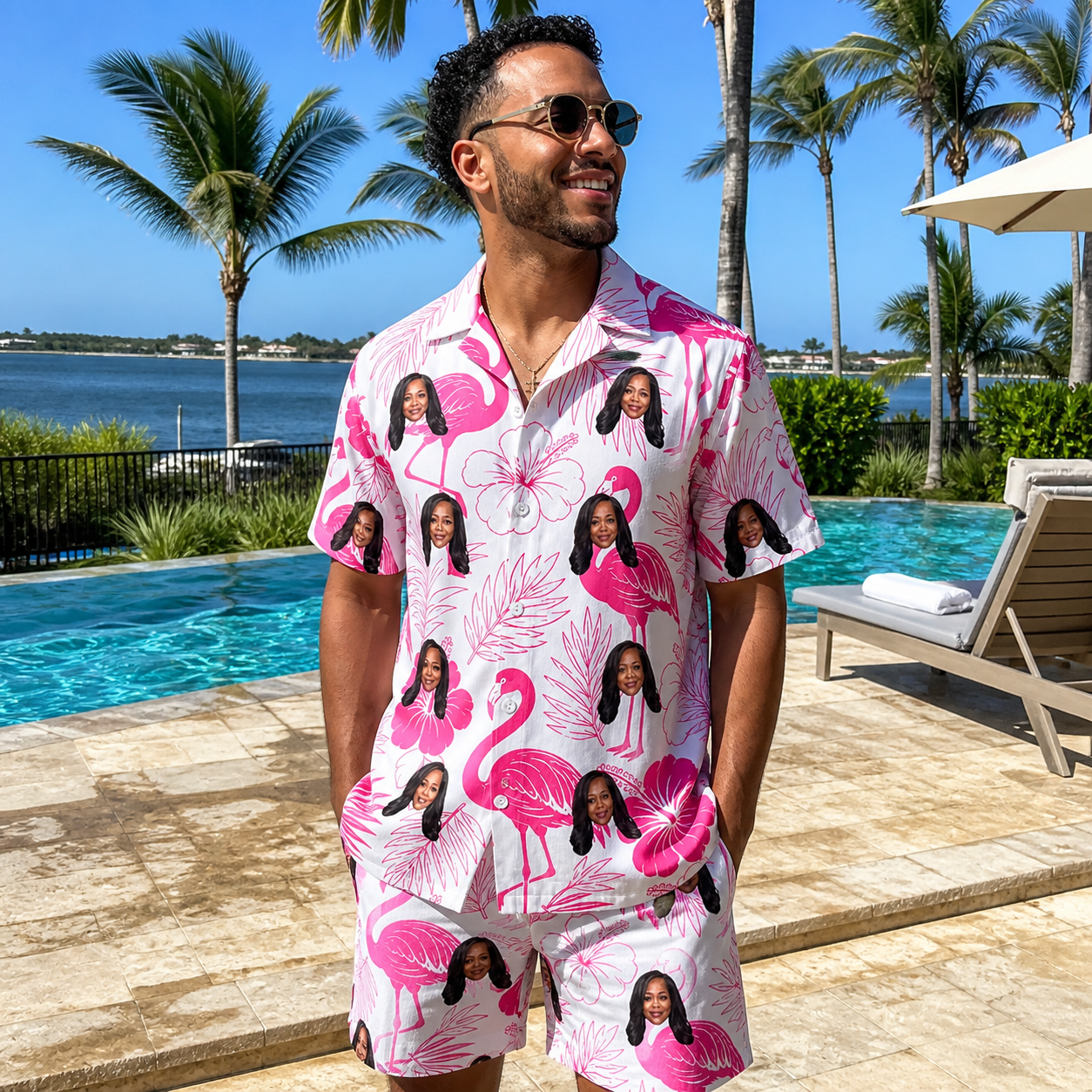 Real-life photo of someone wearing Men's Rosy Waders Custom Face Shirt & Shorts Set — custom faces printed all-over