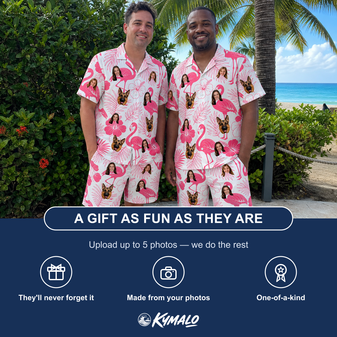 Friends in matching Men's Rosy Waders Custom Face Shirt & Shorts Set — a group gift photo