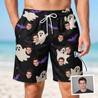 Man wearing Men's Boo Bats Custom Face Beach Shorts — custom faces printed all-over