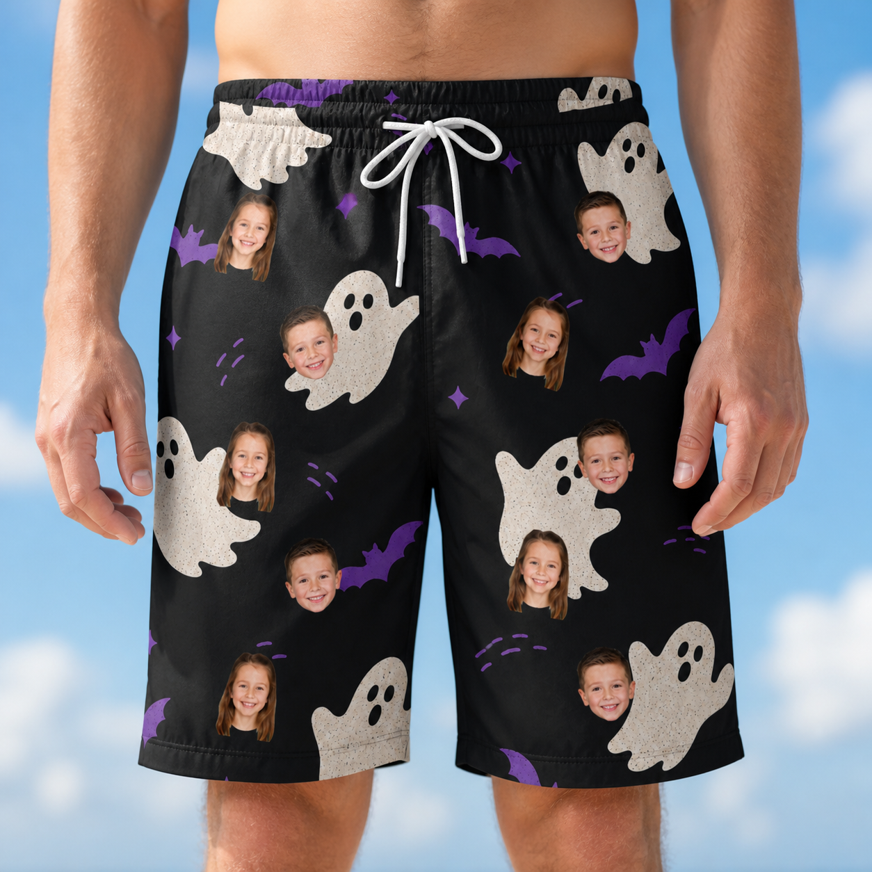 Model wearing Men's Boo Bats Custom Face Beach Shorts printed with kids' faces