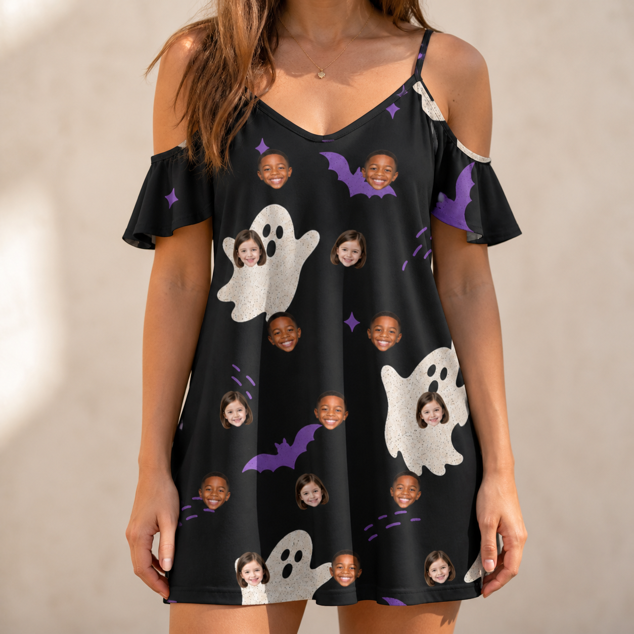 Model wearing Women's Boo Bats Custom Face Off-Shoulder Dress printed with kids' faces
