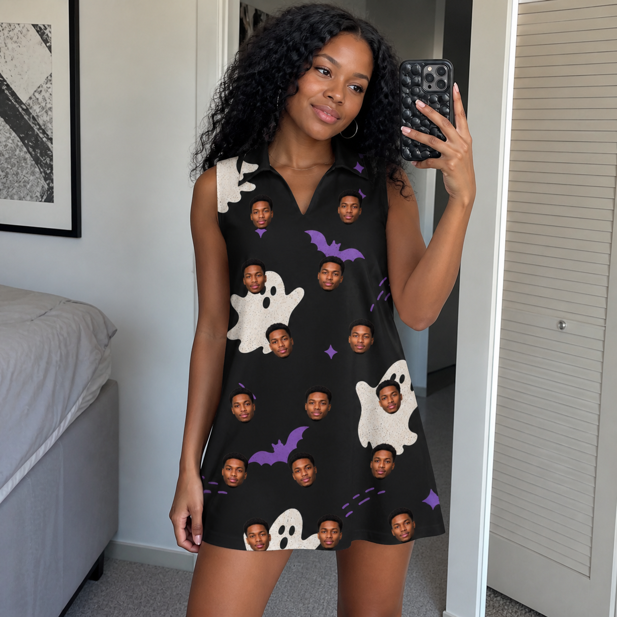 Real-life photo of someone wearing Women's Boo Bats Custom Face V-Neck Dress — custom faces printed all-over
