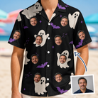 Man wearing Men's Boo Bats Custom Face Hawaiian Shirt — custom faces printed all-over