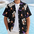 Man wearing Men's Boo Bats Custom Face Hawaiian Shirt open over a white tee