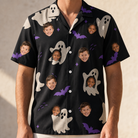 Model wearing Men's Boo Bats Custom Face Hawaiian Shirt printed with kids' faces