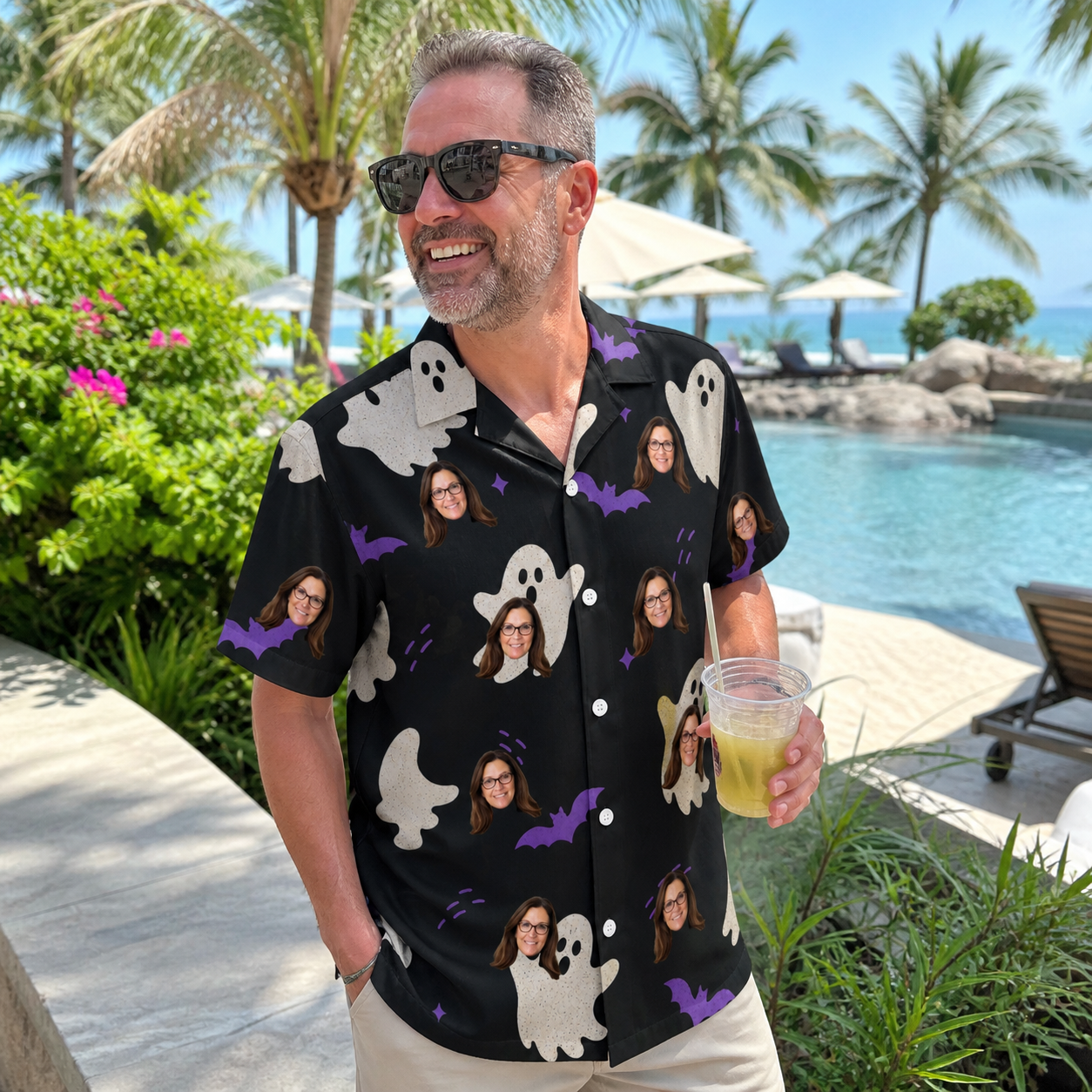 Real-life photo of someone wearing Men's Boo Bats Custom Face Hawaiian Shirt — custom faces printed all-over