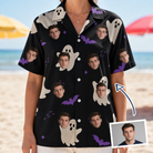 Woman wearing Women's Boo Bats Custom Face Hawaiian Shirt — custom faces printed all-over