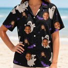Model wearing Women's Boo Bats Custom Face Hawaiian Shirt printed with kids' faces