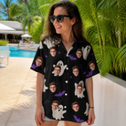 Real-life photo of someone wearing Women's Boo Bats Custom Face Hawaiian Shirt — custom faces printed all-over