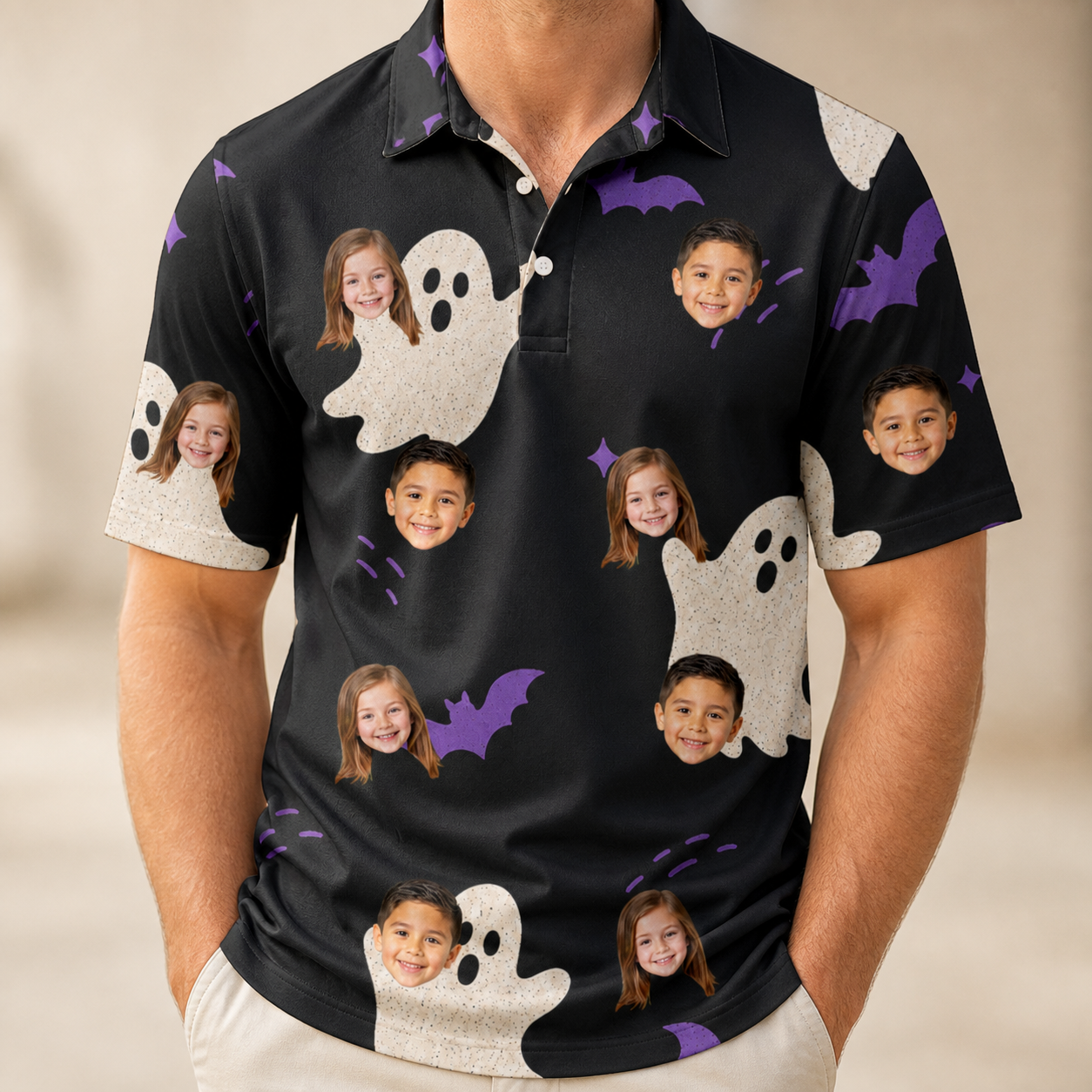 Model wearing Men's Boo Bats Custom Face Polo Shirt printed with kids' faces