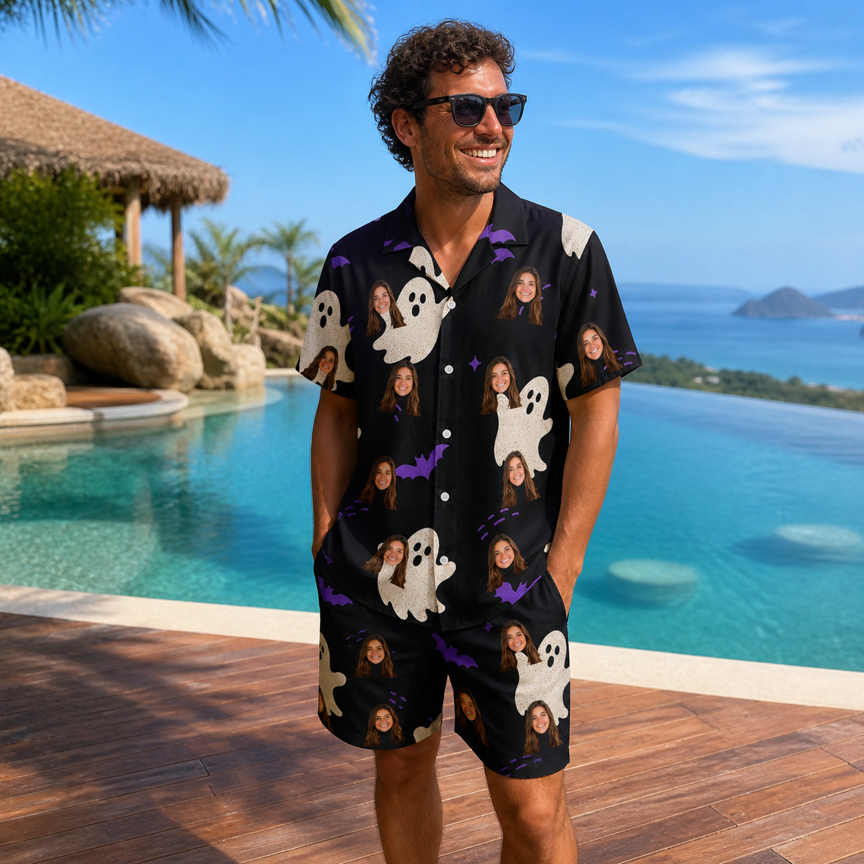 Real-life photo of someone wearing Men's Boo Bats Custom Face Shirt & Shorts Set — custom faces printed all-over
