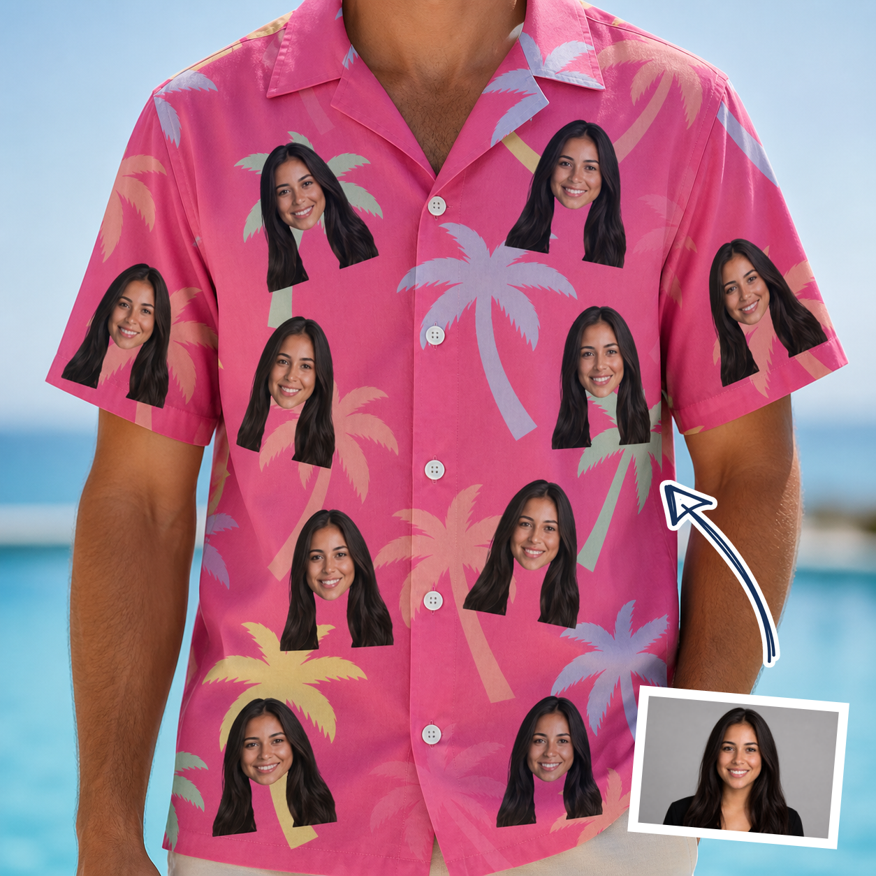 Man wearing Men's Bougainvillea Breeze Custom Face Hawaiian Shirt — custom faces printed all-over