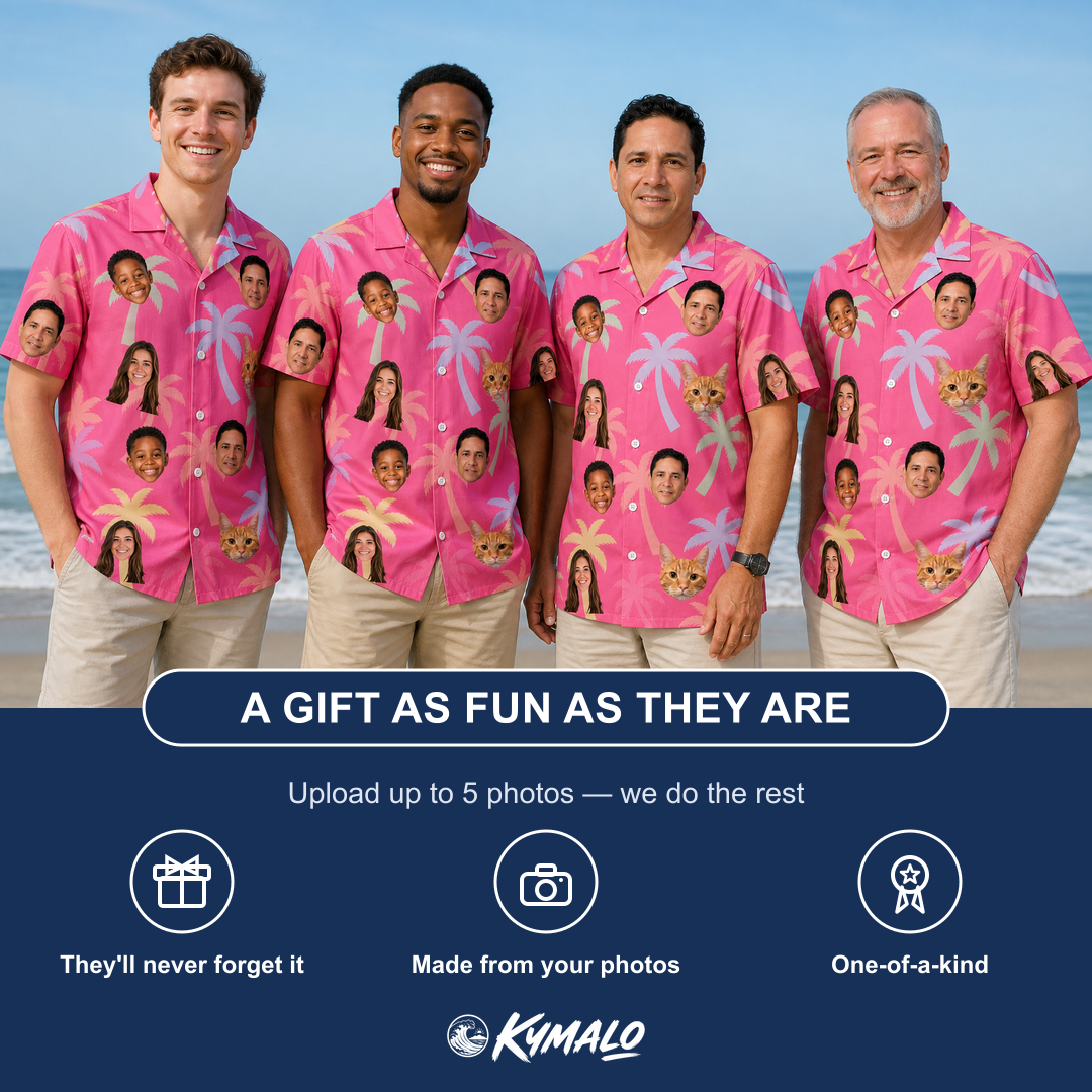 Friends in matching Men's Bougainvillea Breeze Custom Face Hawaiian Shirt — a group gift photo