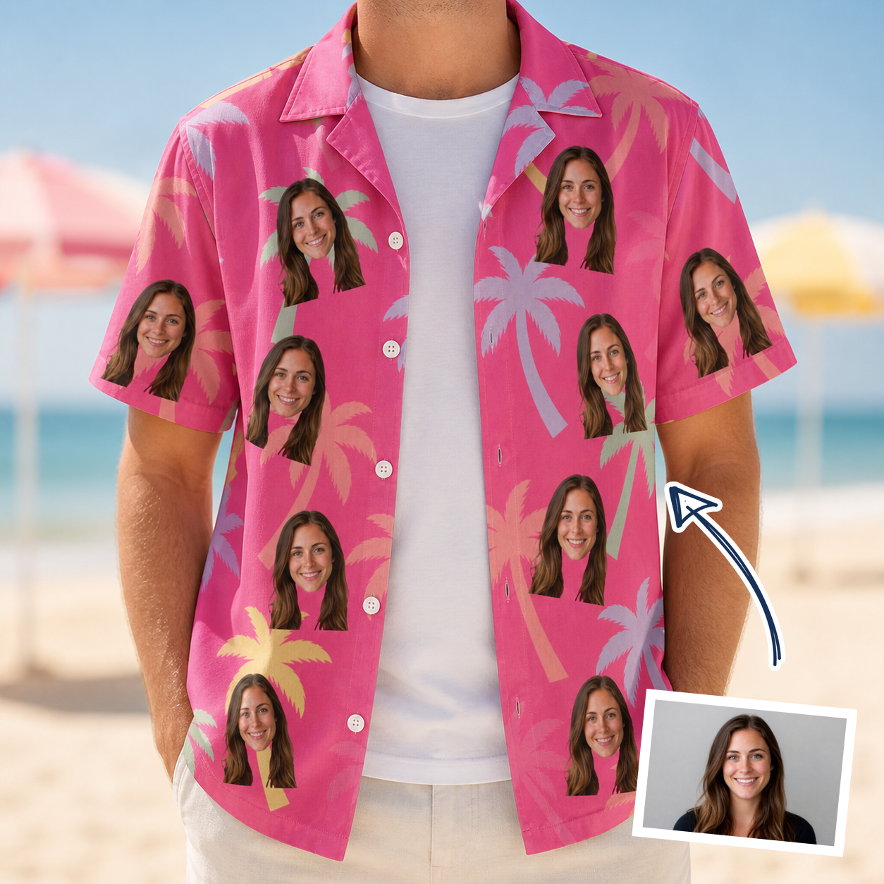 Man wearing Men's Bougainvillea Breeze Custom Face Hawaiian Shirt open over a white tee