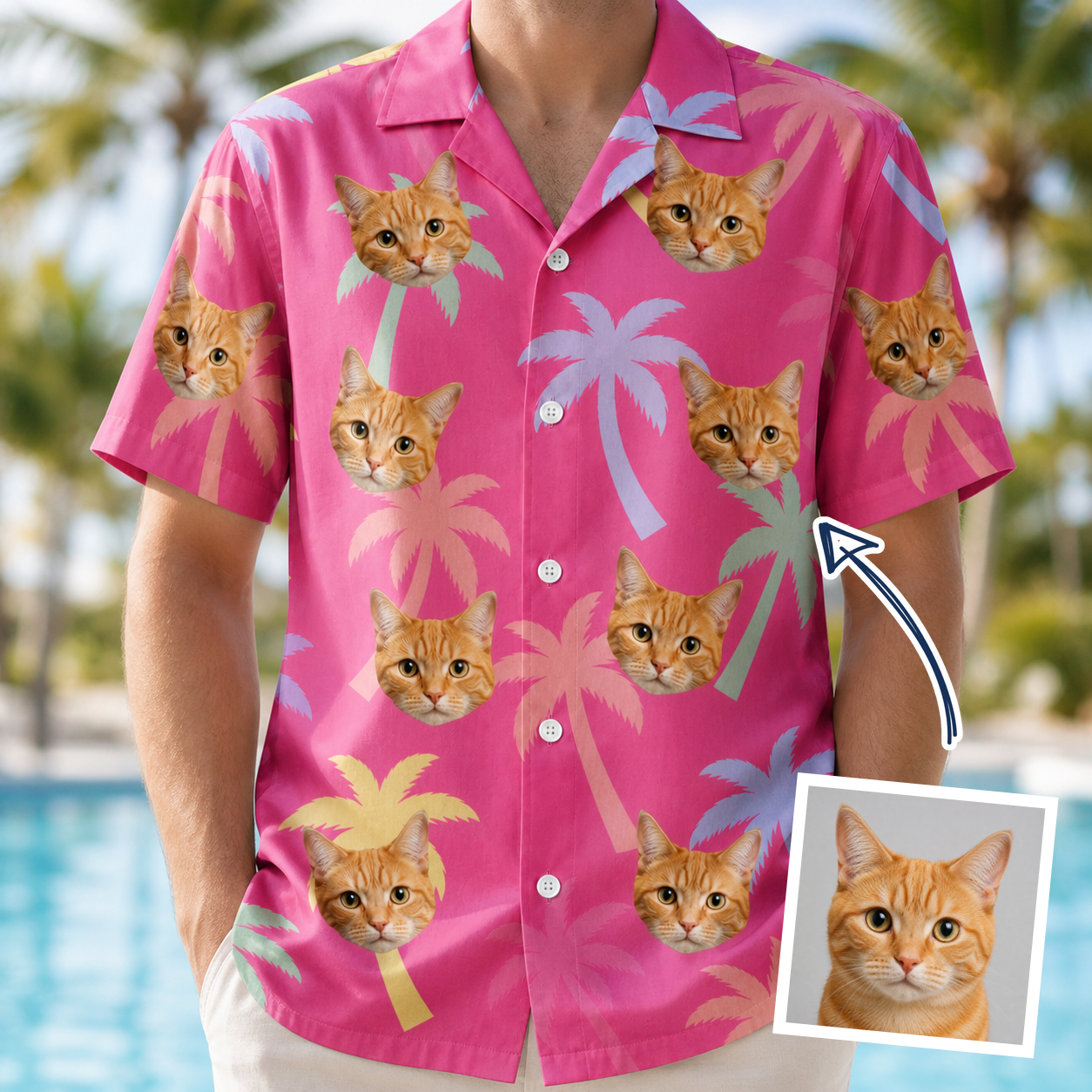 Model wearing Men's Bougainvillea Breeze Custom Face Hawaiian Shirt printed with a cat's face