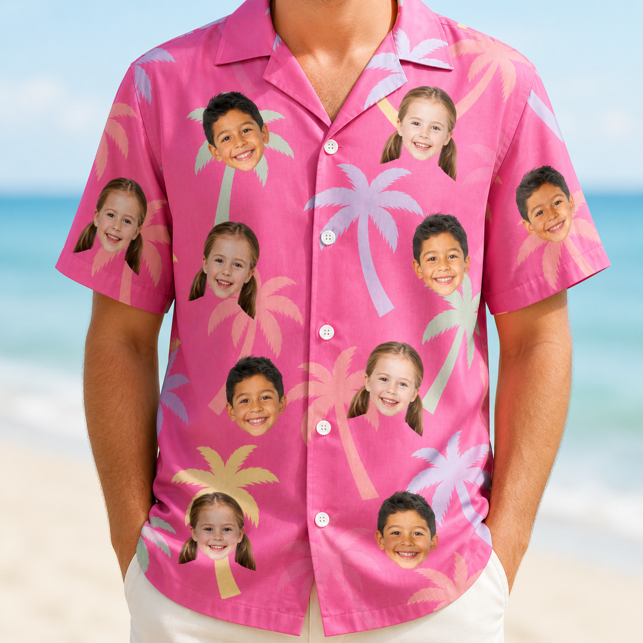 Model wearing Men's Bougainvillea Breeze Custom Face Hawaiian Shirt printed with kids' faces