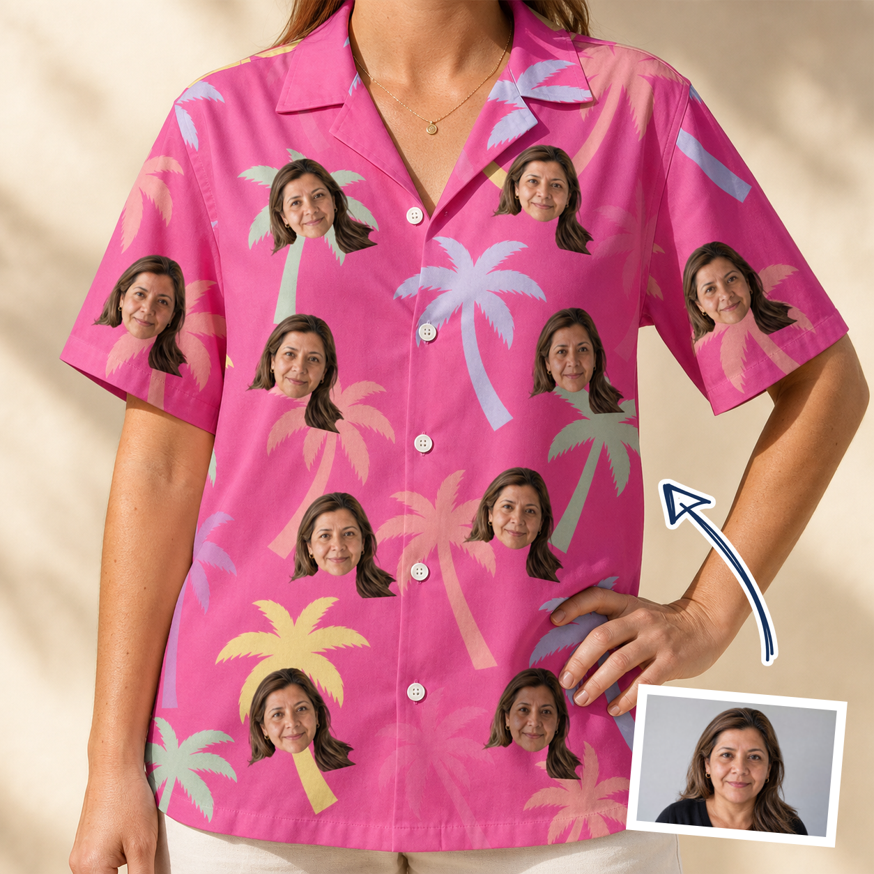 Woman wearing Women's Bougainvillea Breeze Custom Face Hawaiian Shirt — custom faces printed all-over