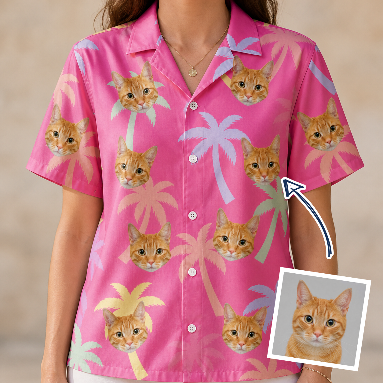 Model wearing Women's Bougainvillea Breeze Custom Face Hawaiian Shirt printed with a cat's face