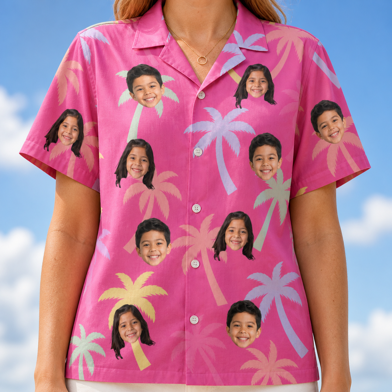 Model wearing Women's Bougainvillea Breeze Custom Face Hawaiian Shirt printed with kids' faces