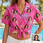 Woman wearing Women's Bougainvillea Breeze Custom Face Hawaiian Shirt tied at the waist