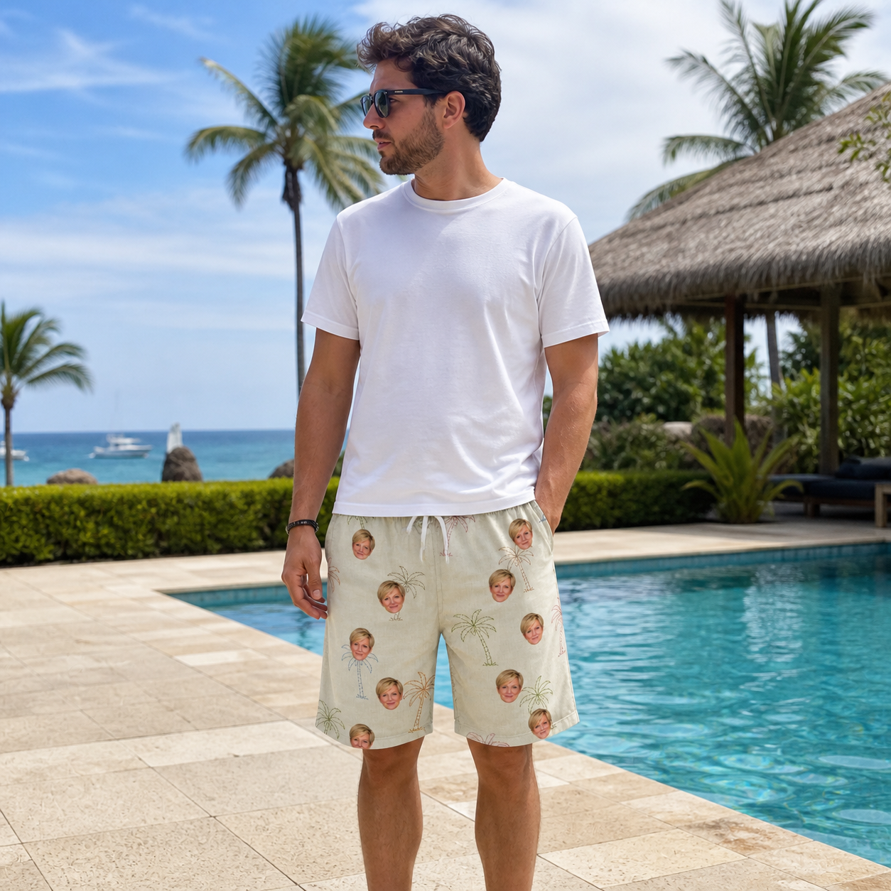 Real-life photo of someone wearing Men's Palm Pizzazz Custom Face Beach Shorts — custom faces printed all-over