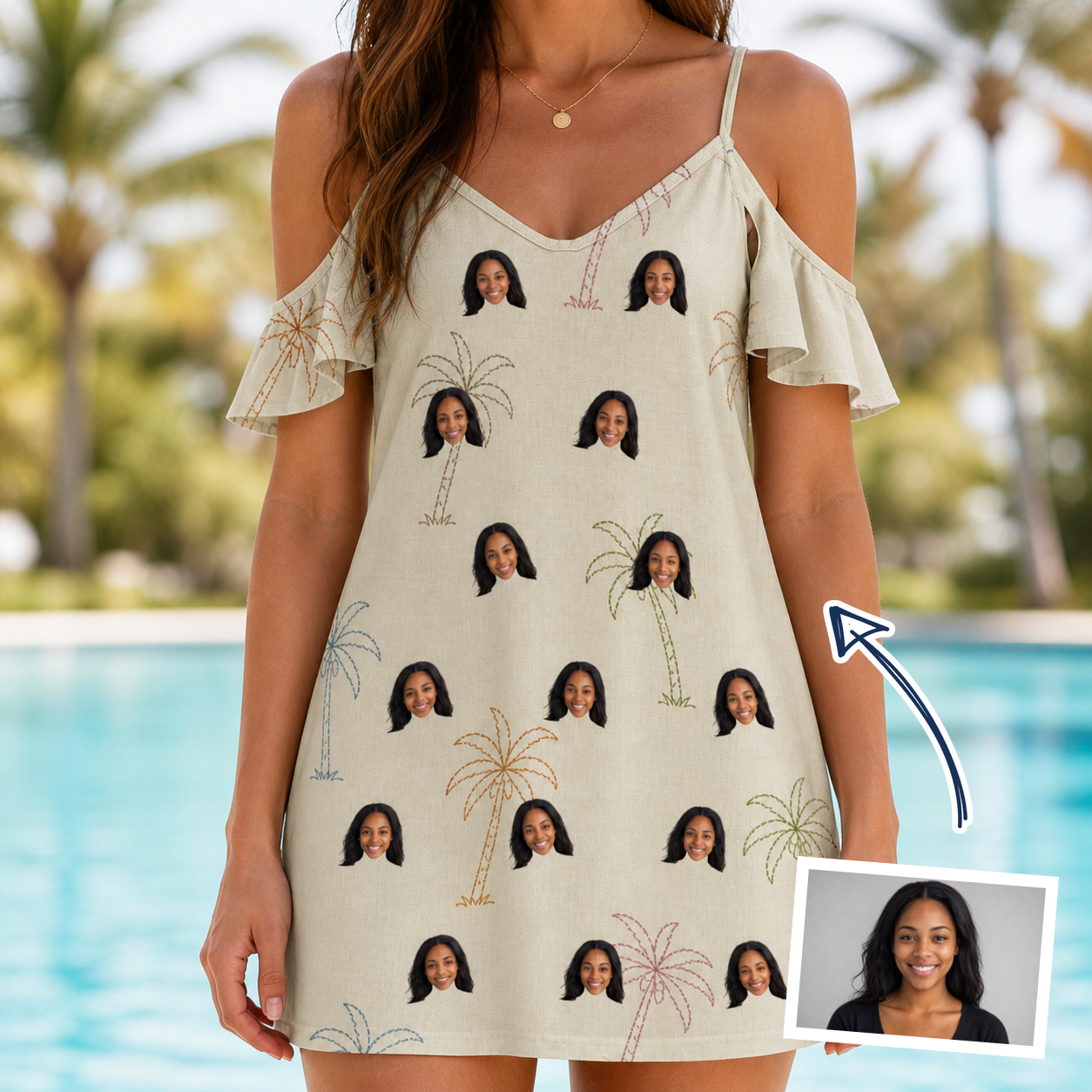 Woman wearing Women's Palm Pizzazz Custom Face Off-Shoulder Dress — custom faces printed all-over