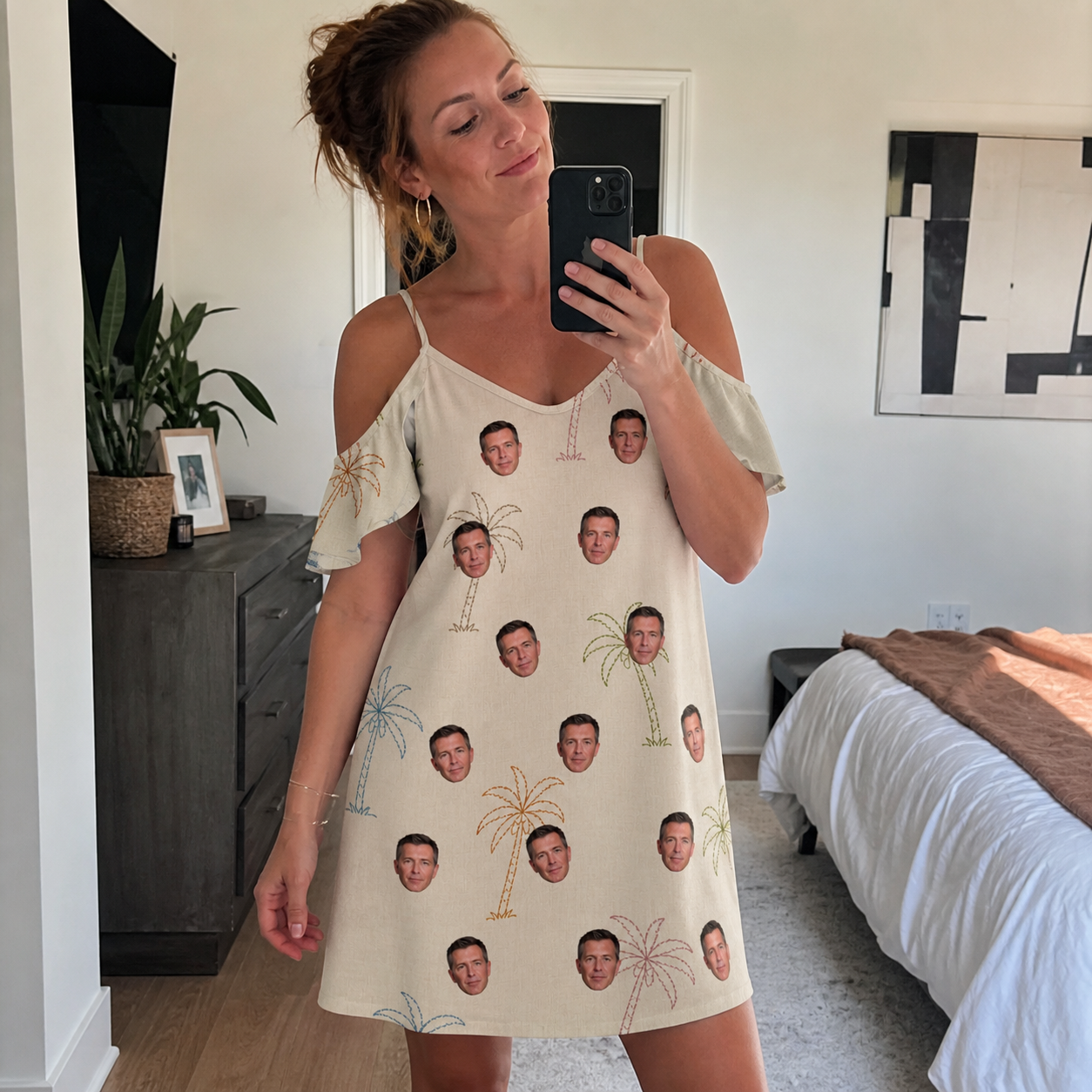 Real-life photo of someone wearing Women's Palm Pizzazz Custom Face Off-Shoulder Dress — custom faces printed all-over