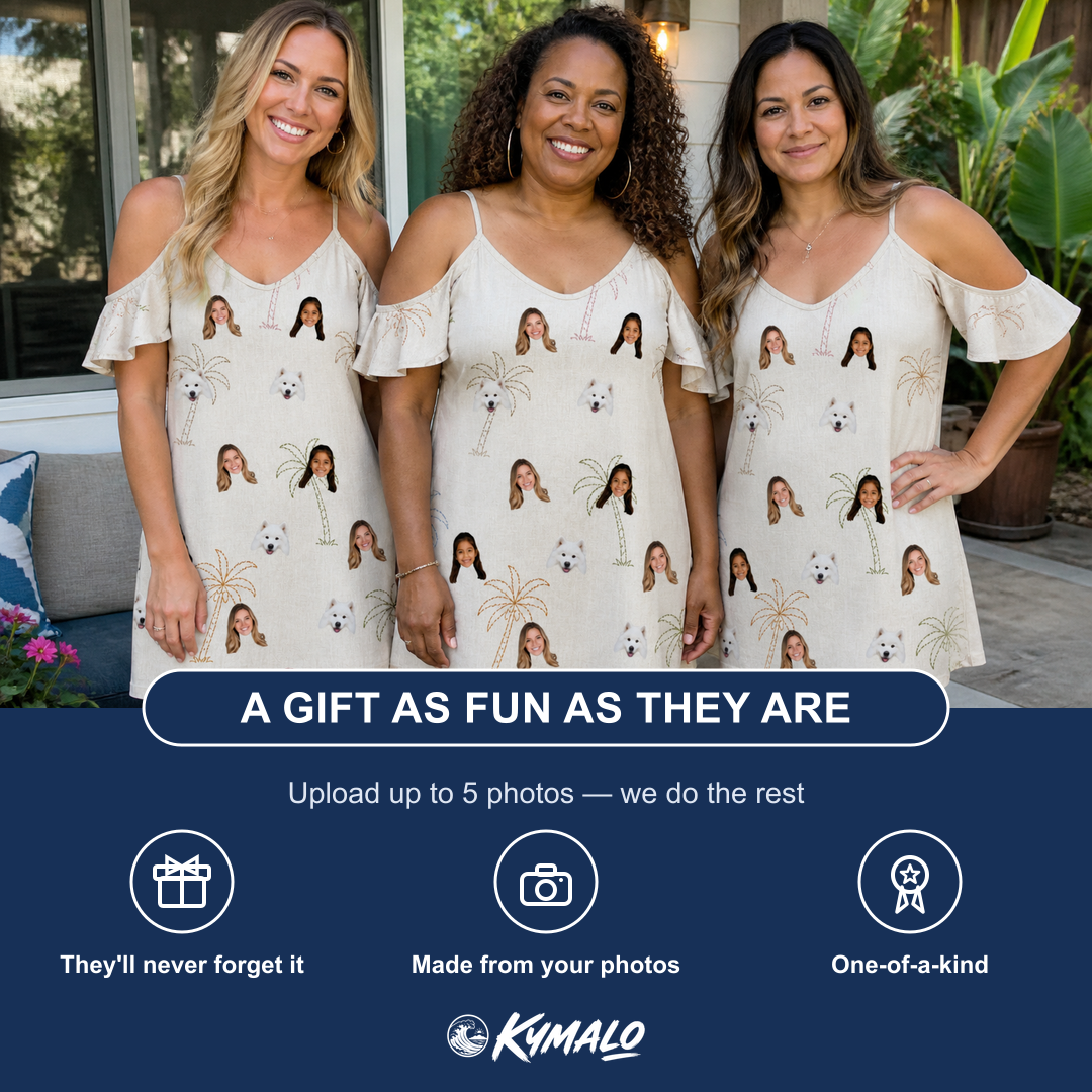 Friends in matching Women's Palm Pizzazz Custom Face Off-Shoulder Dress — a group gift photo
