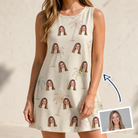 Woman wearing Women's Palm Pizzazz Custom Face Tank Dress — custom faces printed all-over