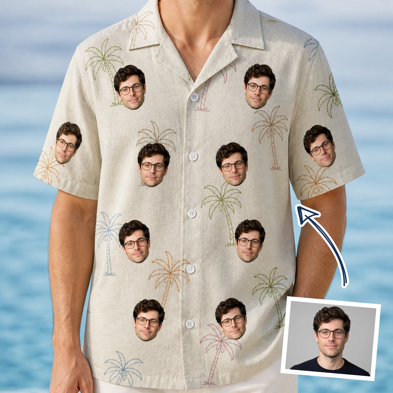 Man wearing Men's Palm Pizzazz Custom Face Hawaiian Shirt — custom faces printed all-over