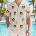 Model wearing Men's Palm Pizzazz Custom Face Hawaiian Shirt printed with kids' faces